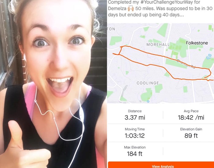 A runner with her thumbs up, next to a Strava screenshot.