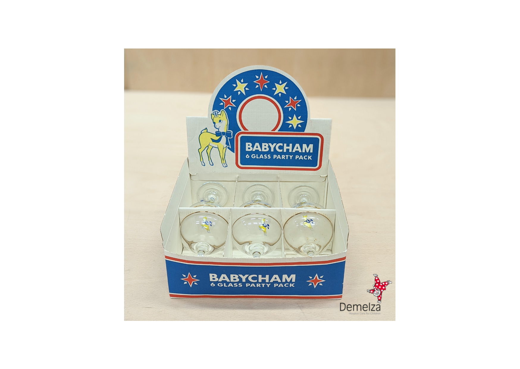Six Babycham Clear Glasses with Babycham Deer Logo and Text with Original Box 
