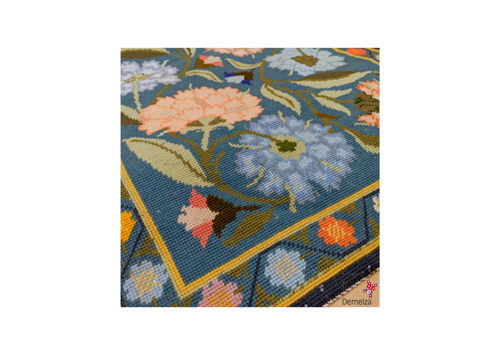 Vintage Handmade Floral Tapestry Table Runner in Blue with Multicoloured Flowers