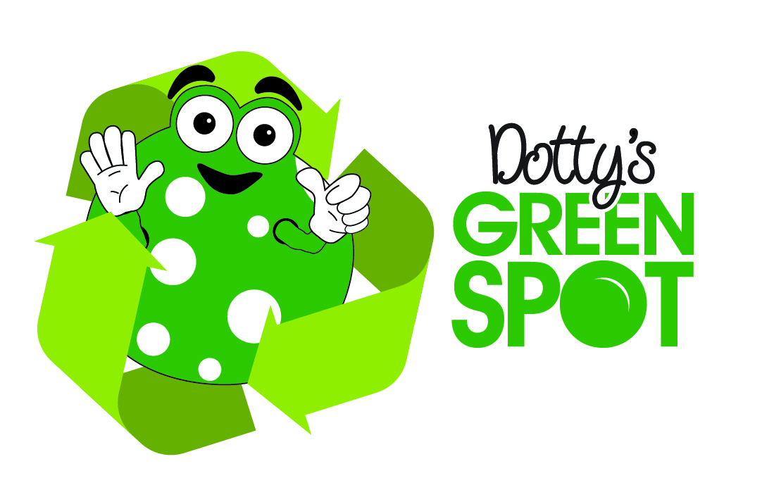 Demelza's mascot, Dotty, with a 'recycle' logo.