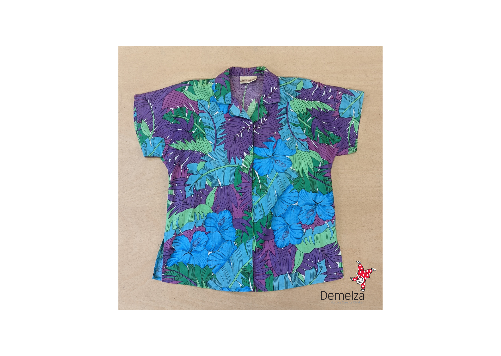 Purple, blue and green Hawaiian style printed blouse
