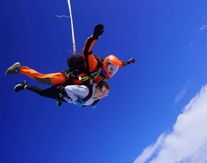 Tandem skydivers in the sky.