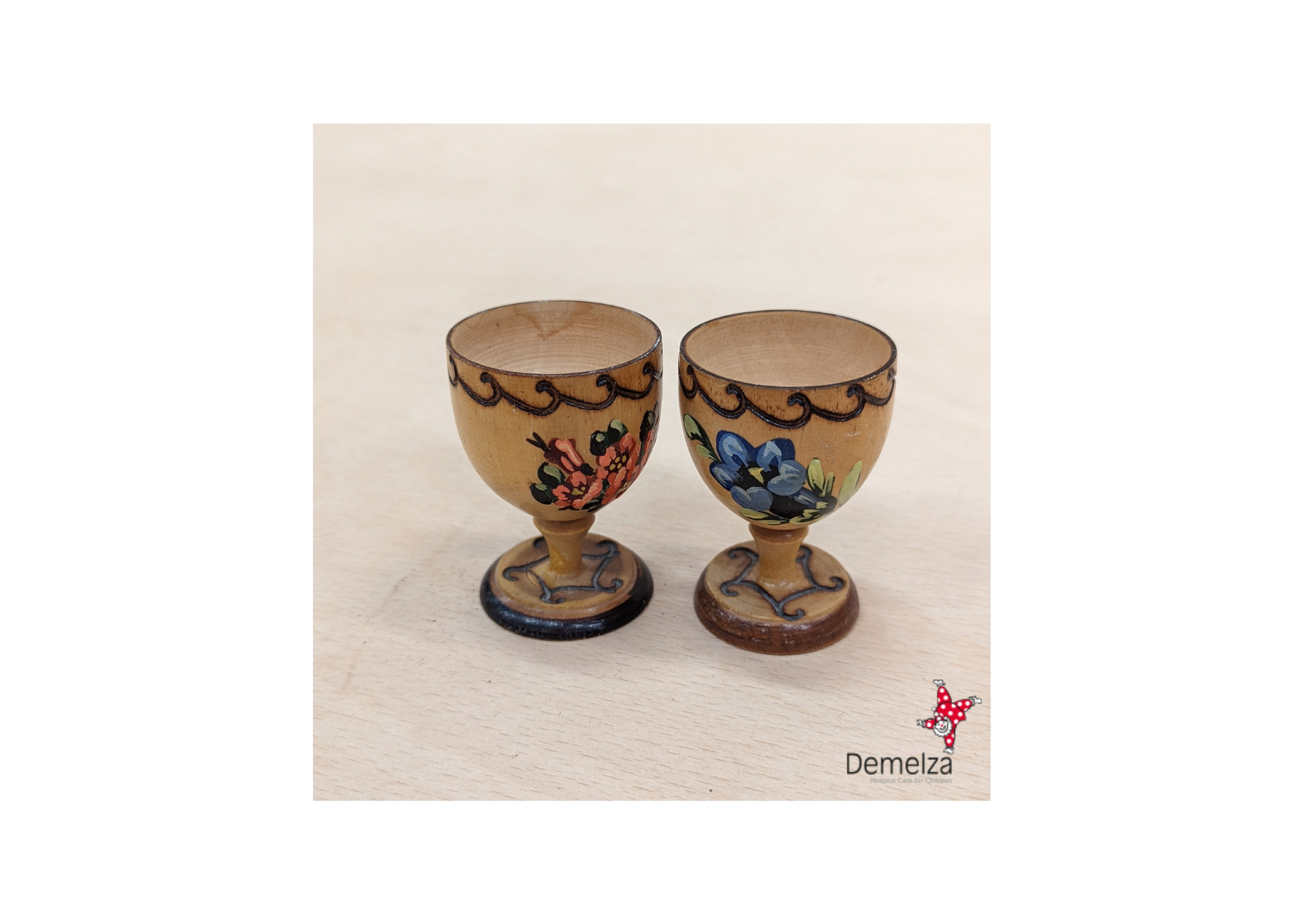 Vintage Wooden Handmade Pair of Floral Egg Cups in Blue/Pink Flowers
