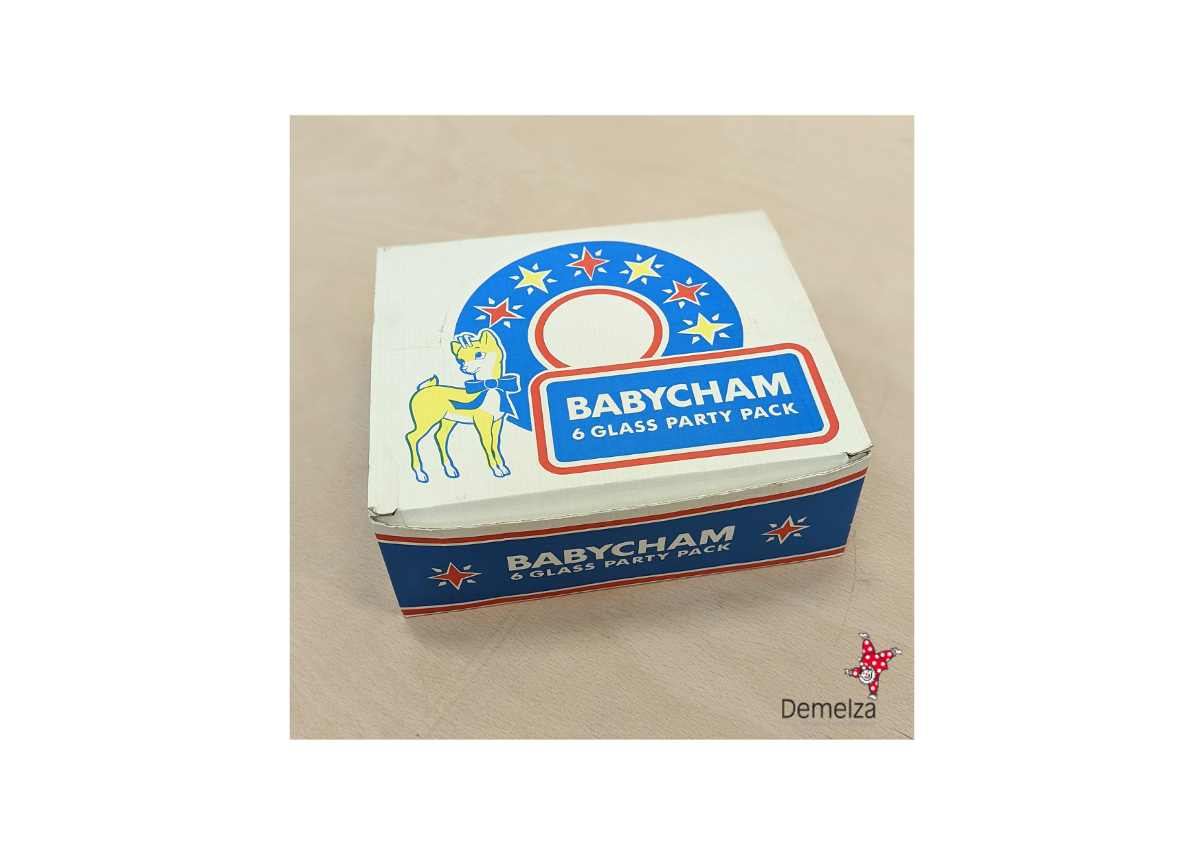 Six Babycham Clear Glasses with Babycham Deer Logo and Text with Original Box 