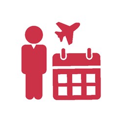 An icon depicting a person, an airplane and a calendar. 