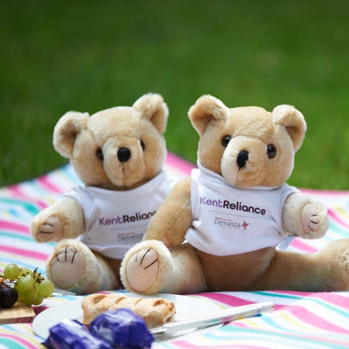 Two teddy bears sit together, wearing white tops with the Kent Reliance and Demelza logos.