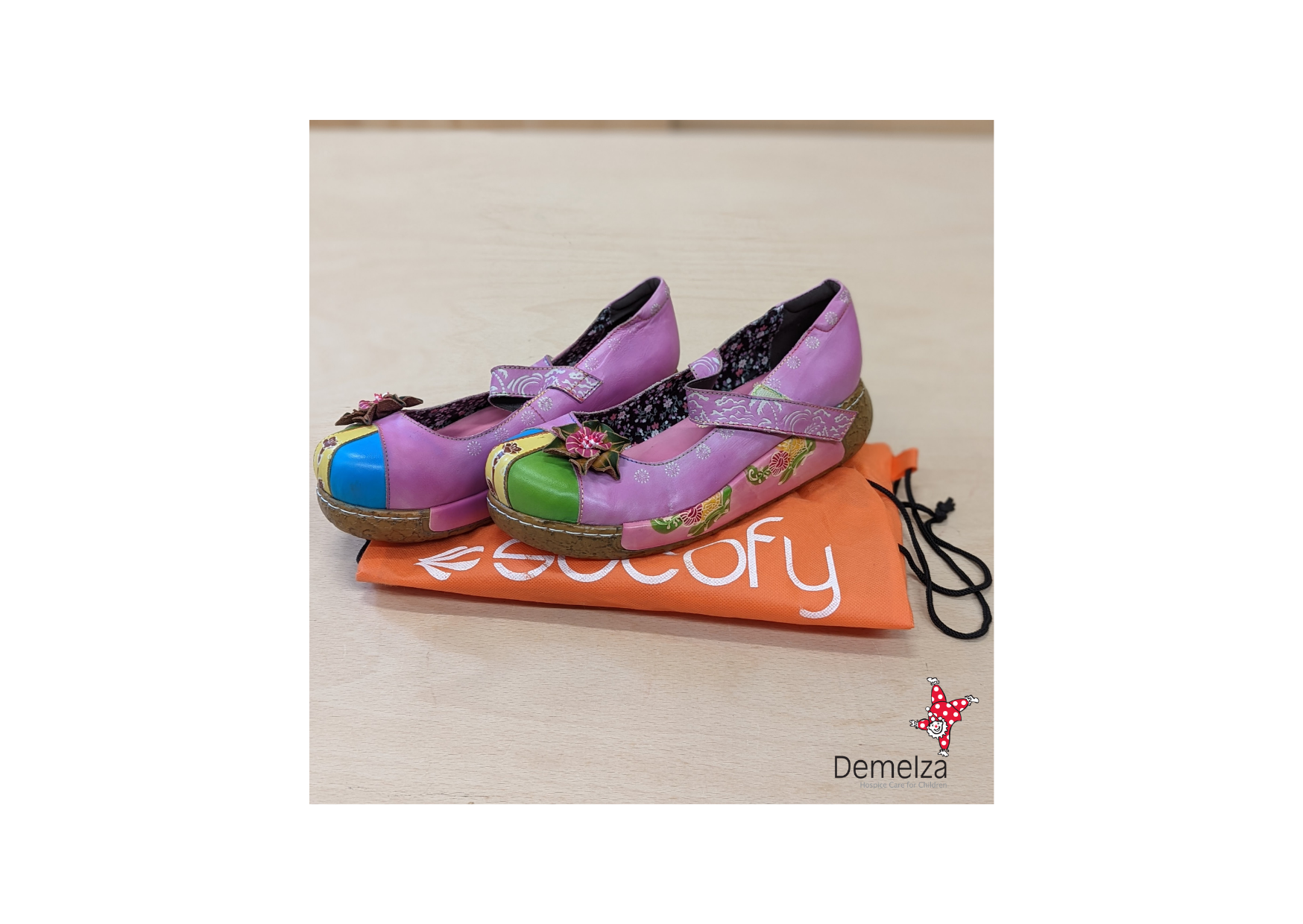 Pink Mary Jane style shoes with multi colour patchwork toe detail - Front view