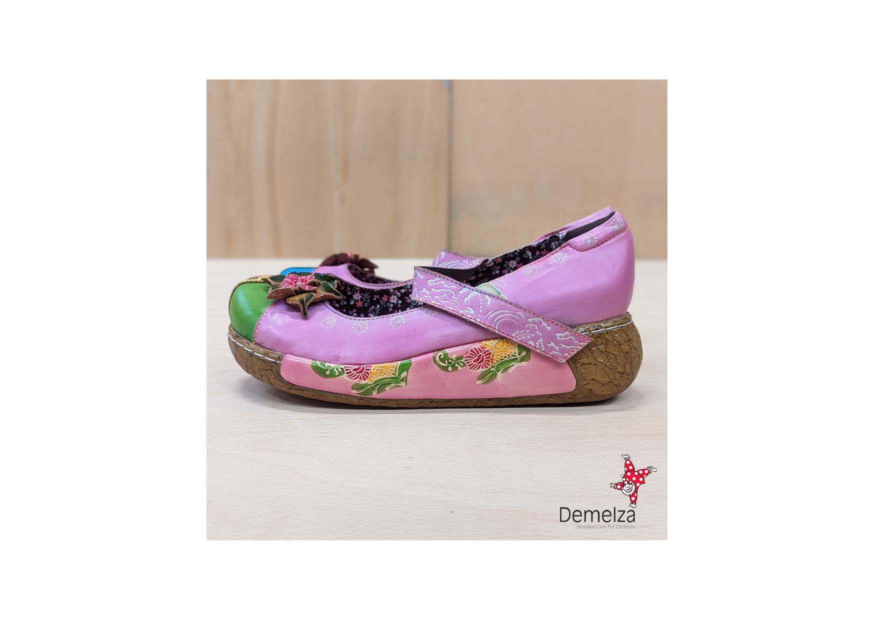 Pink Mary Jane style shoes with multi colour patchwork toe detail - Side View