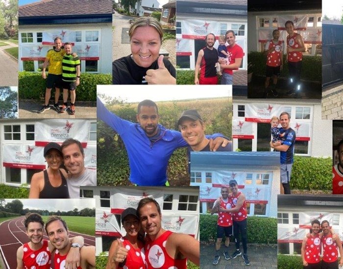 A collage of fundraisers during their fitness challenges, many are wearing Demelza tops.