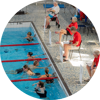 A group of swimmers in a swimming pool getting ready to swim