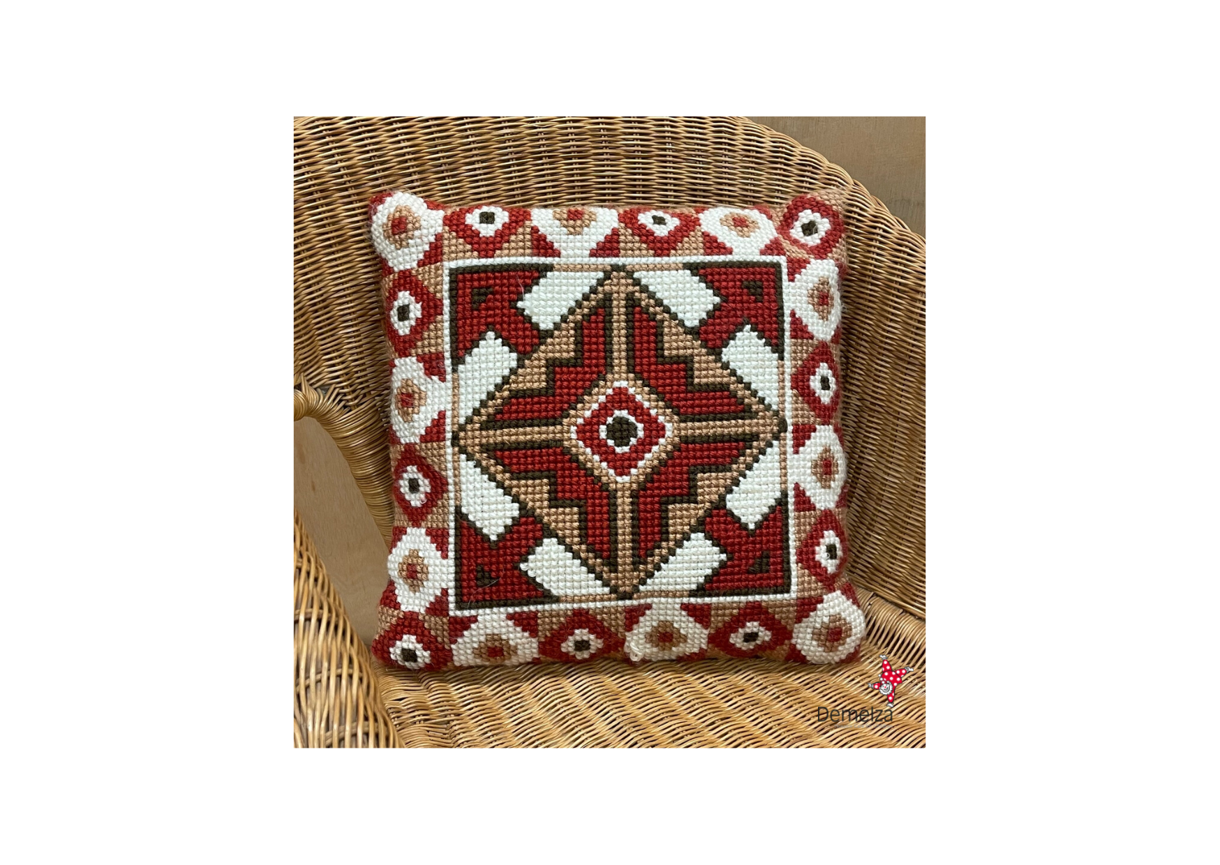 Front of Handmade Crochet Knit Abstract Design Square Cushion