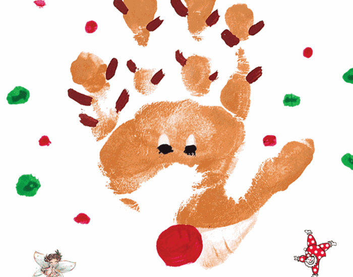 A child's handprint has been transformed to look like a reindeer, with a sparkling red nose and the fingers as antlers.