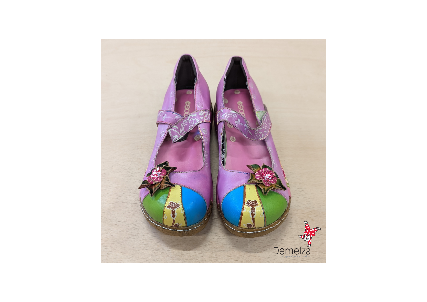 Pink Mary Jane style shoes with multi colour patchwork toe detail - Front view