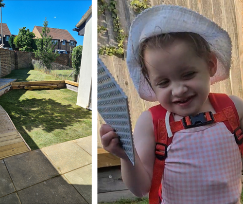 Elodie's new garden has a new decking ramp, and Elodie is playing in it