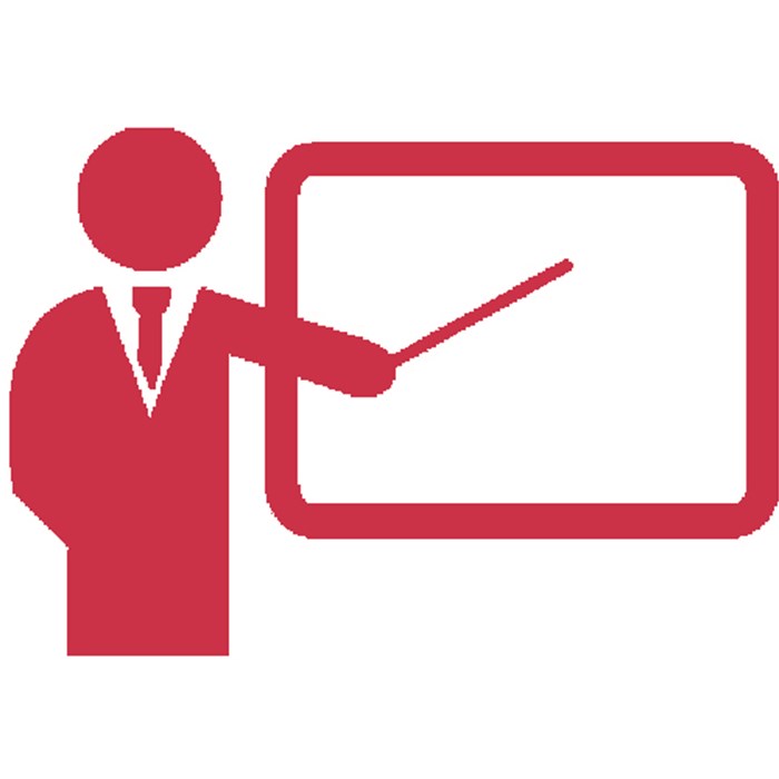 Training and development icon, an animated person in front of a whiteboard.