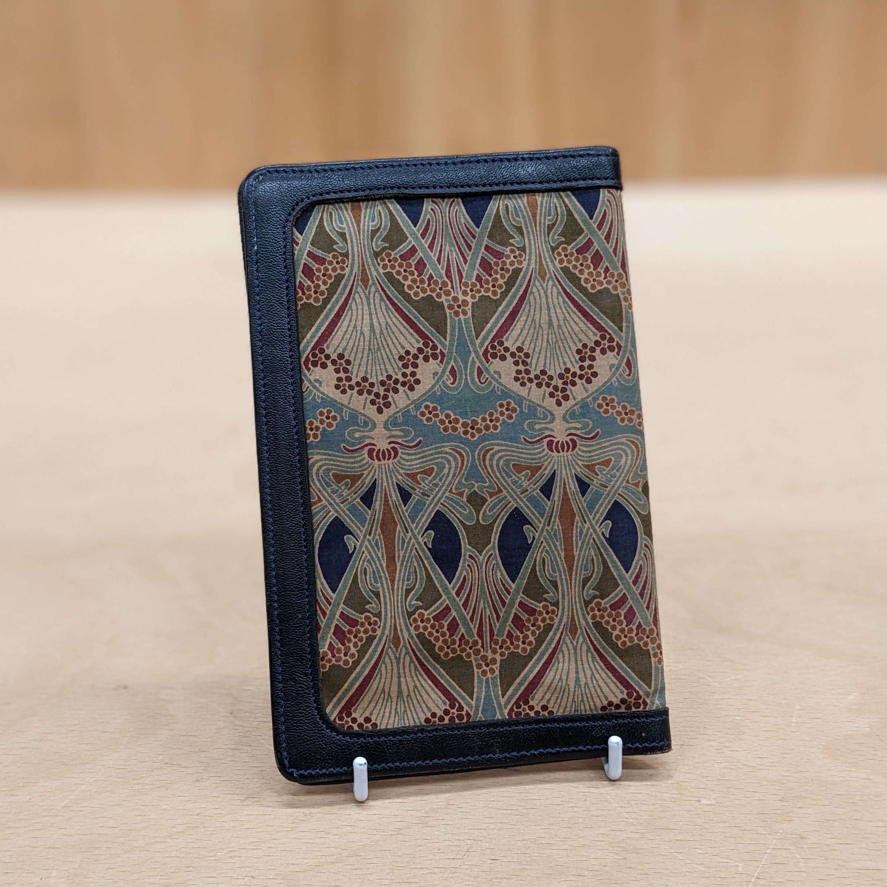 Liberty of London vintage fabric card holder with leather edging detailing rear view
