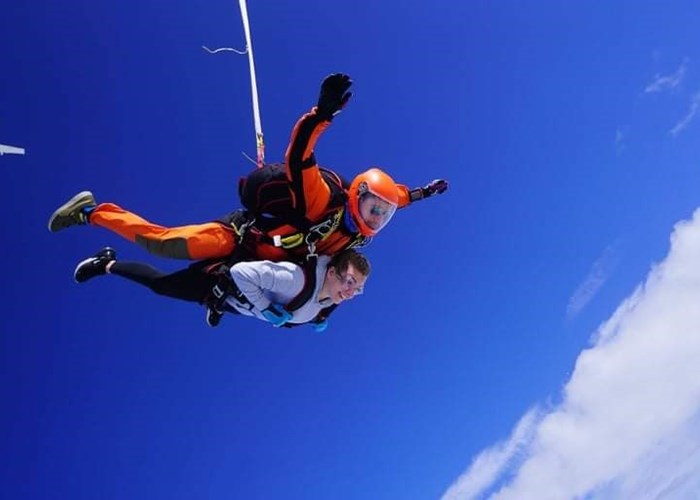 Tandem skydivers in the sky.