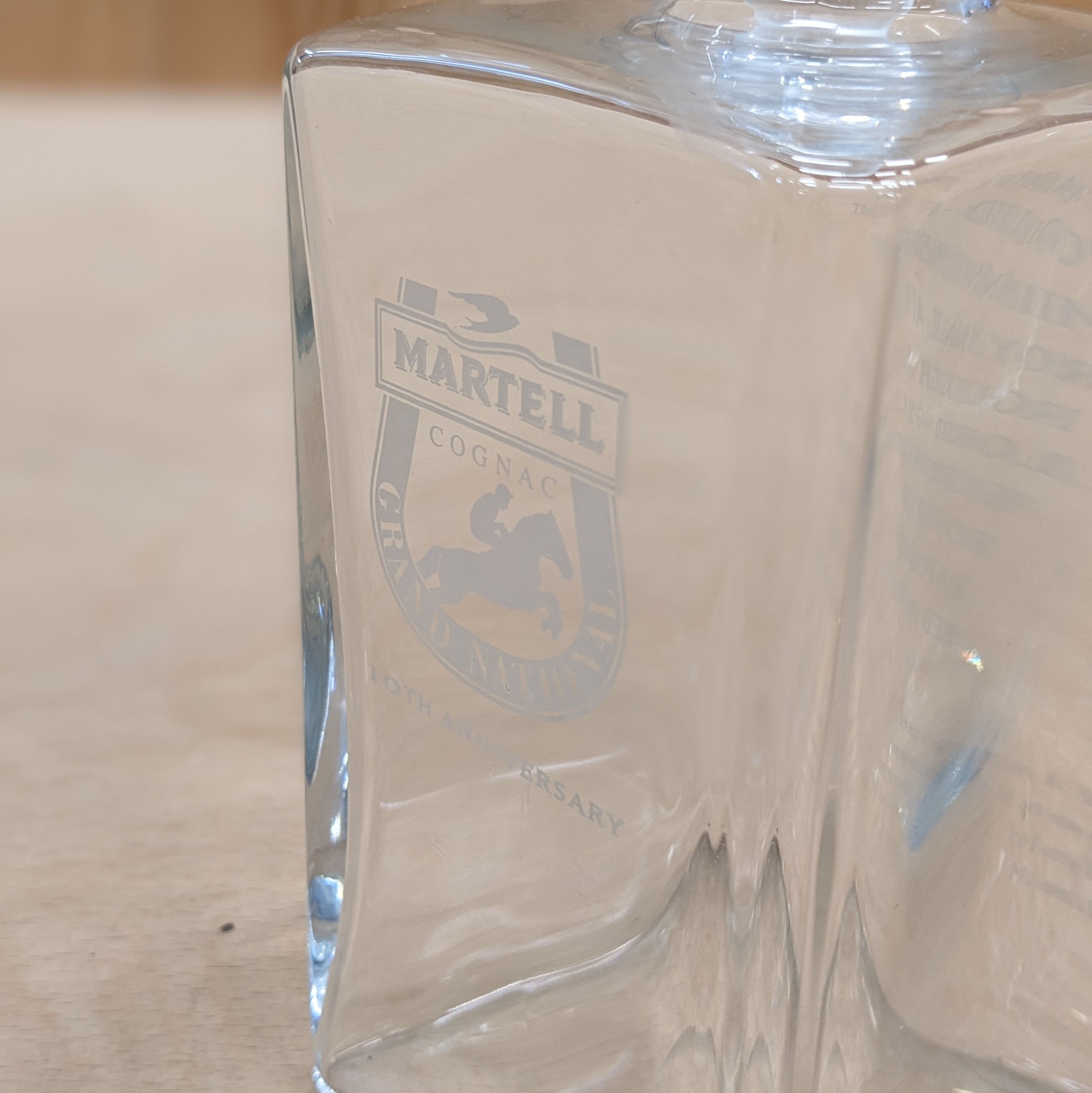Martell Decanter With Lid Stopper close up view of white wording to front